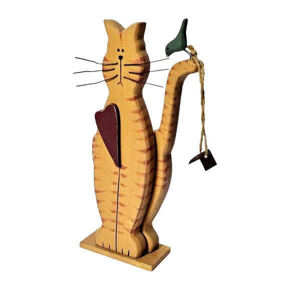 Cat Folk Art Wooden Figure with Bird Wire Whiskers 8" Primitive Tabby - Picture 3 of 8